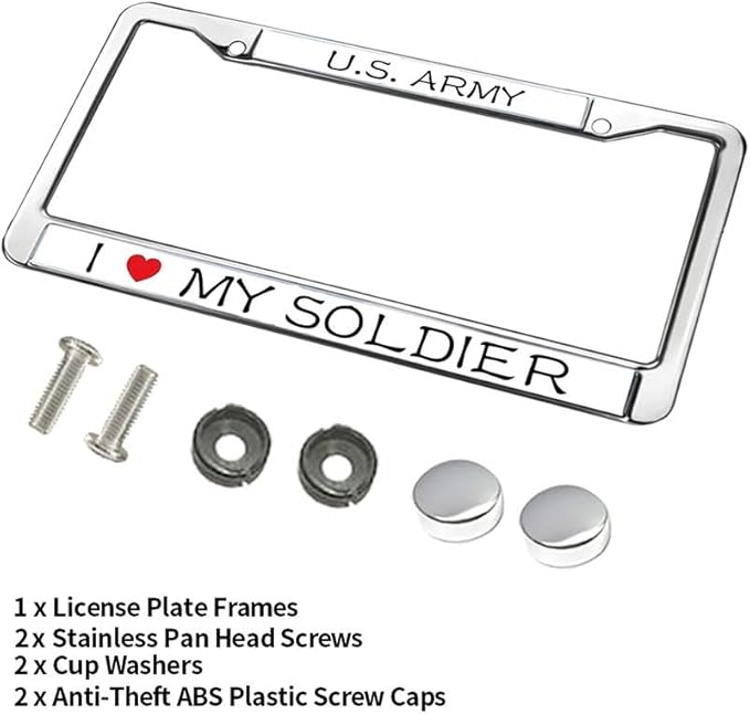I Love My Soldier Metal Chrome Auto License Plate Cover,Proud US Army Classic Black License Plate Frame with Theft-Proof Screw Caps