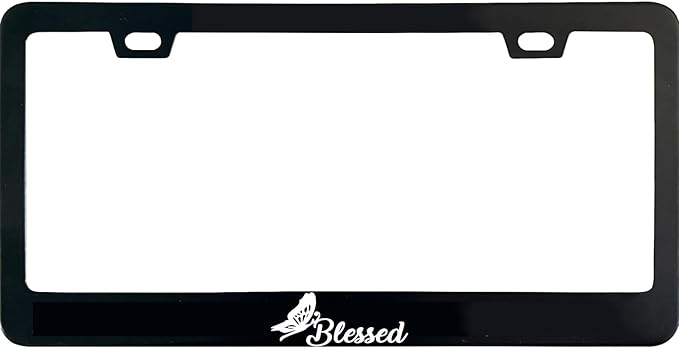 Butterfly Blessed License Plate Frame, 12 X 6 Inch Black Stainless Steel Car Accessories for Women/Men, with 2 Holes & Screws