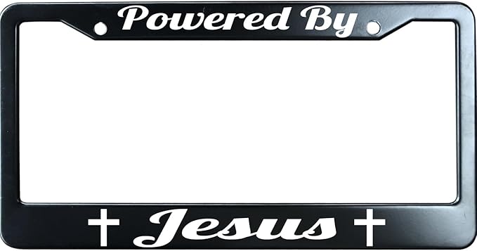 Powered by Jesus Christian License Plate Frame, Jesus/God Auto Car Tag Frame, Stainless Steel License Plate Holder UV Printed, Novelty Religious Gifts