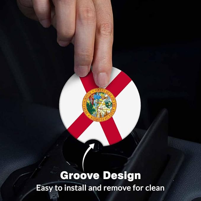 State of Florida Flag Car Coasters for Cup Holders Car Cup Holder Coasters 2 Pack for Car, Anti Slip Ceramic Car Cup Mat with Finger Notch Cute Car Interior Accessories for Women Men