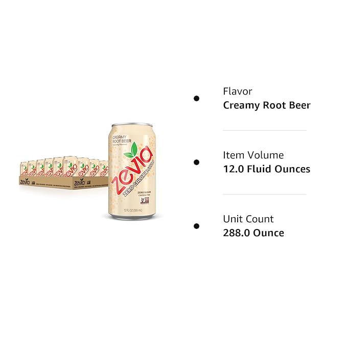 Zevia Zero Sugar Soda, Creamy Root Beer, 12 oz Cans (24-Pack) – Naturally Sweetened, Non-GMO Project Verified, Gluten-Free, Vegan
