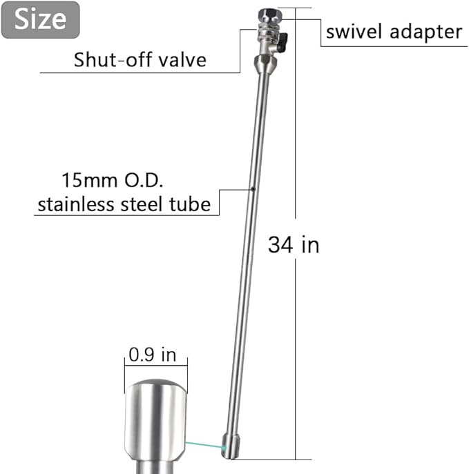 All-Metal RV Toilet Wand with Shut-Off Valve, RV Black Tank Cleaning Wand with 360 Degree Swivel Adapter and Power Nozzle (Double-sided nozzles)