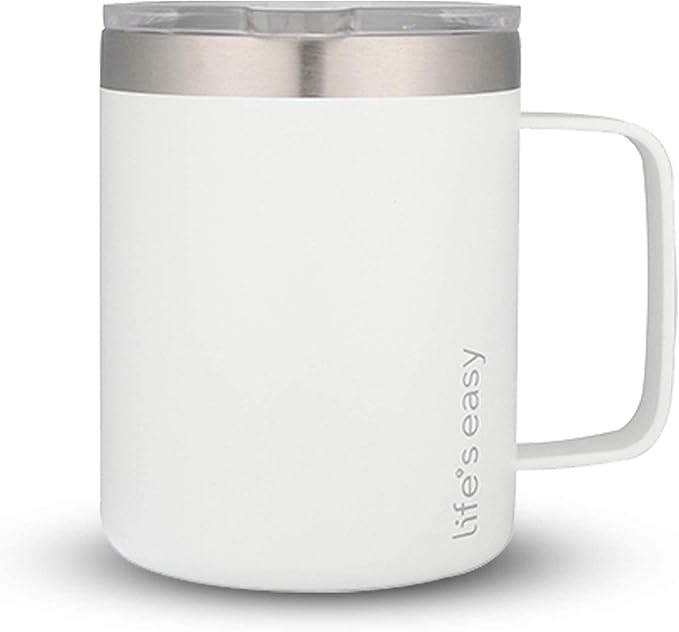 Life's Easy 12 oz Stainless Steel Mug w/Handle - Double Wall Insulated Travel Tumbler w/Flip Lid - Leak Proof Tumbler-Thermal Cup for Coffee, Tea & More - Keep Hot & Cold Drinks (Winter White, 12 oz)