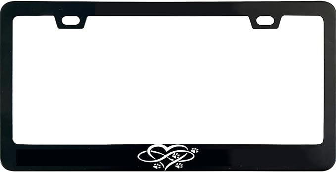 Infinity Forever Pet Paw and Heart Love License Plate Frame, 12 X 6 Inch Black Stainless Steel Car Accessories for Women/Men, with 2 Holes & Screws
