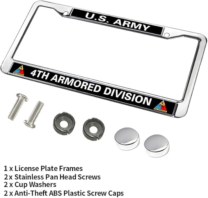 US Army 4TH Armored Division Metal License Plate Frame Chrome,Veteran US Army Chrome License Plate Frame Tag Universal to fit All US License