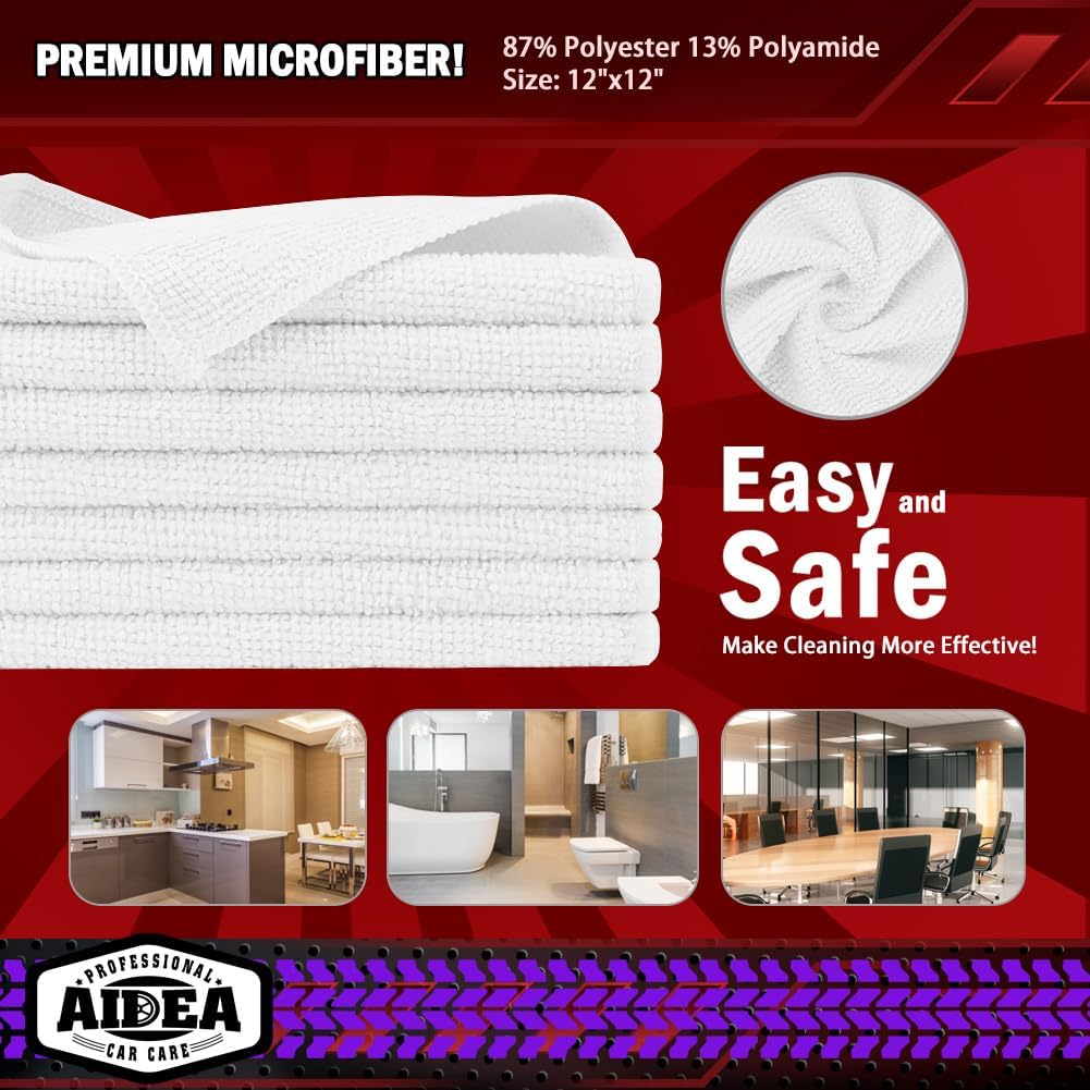 AIDEA Microfiber Cleaning Cloth White 20PK, Microfiber Towels for Cars, Premium Car Cloths, Dusting Cloth Lint Free Cleaning Rags for SUVs, House, Kitchen, Window, Workshops,12×12"