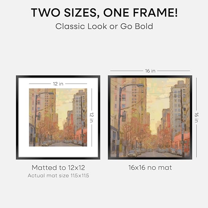 Homeforia 16x16 Picture Frame Black, High End Metal 16x16 Square Poster Frame Matted to 12x12 Print, 16 x 16 Black Frames with Mat 12 x 12 Photo, 16by16 Thin Frames, Tempered Glass, Wall Kit, Set of 2