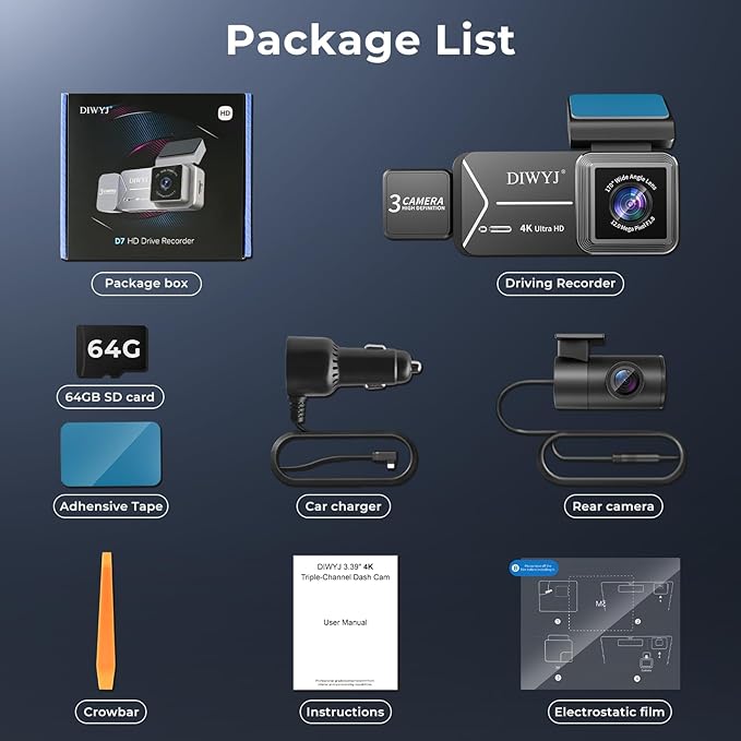 3-Channel 4K Dash Cam, Front 4K + Interior & Rear 1080P, 3.39" IPS Touchscreen, Fisheye Wide-Angle Lenses, WiFi App, Parking Mode, G-Sensor, Supercapacitor, 64GB Card Included
