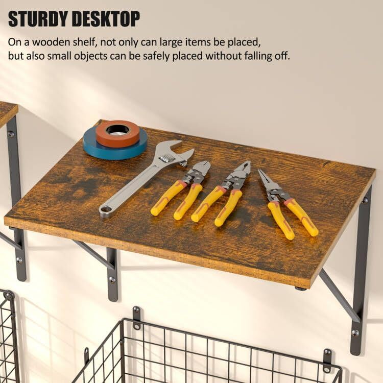 2 Pack Garage Shelves Wall Mounted with Wire Storage baskets, Heavy Duty Garage Wall Shelving with Hooks, Wooden floating shelves Tool Organizer for Home Garden Garage Organizers and Storage