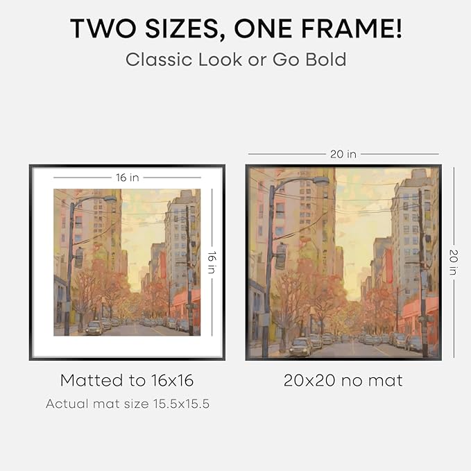 Homeforia 20x20 Picture Frame Black, High End Metal 20x20 Square Poster Frame Matted to 16x16 Print, 20 x 20 Black Frames with Mat 16 x 16 Photo, 20by20 Thin Frames, Tempered Glass, Wall Kit, Set of 4