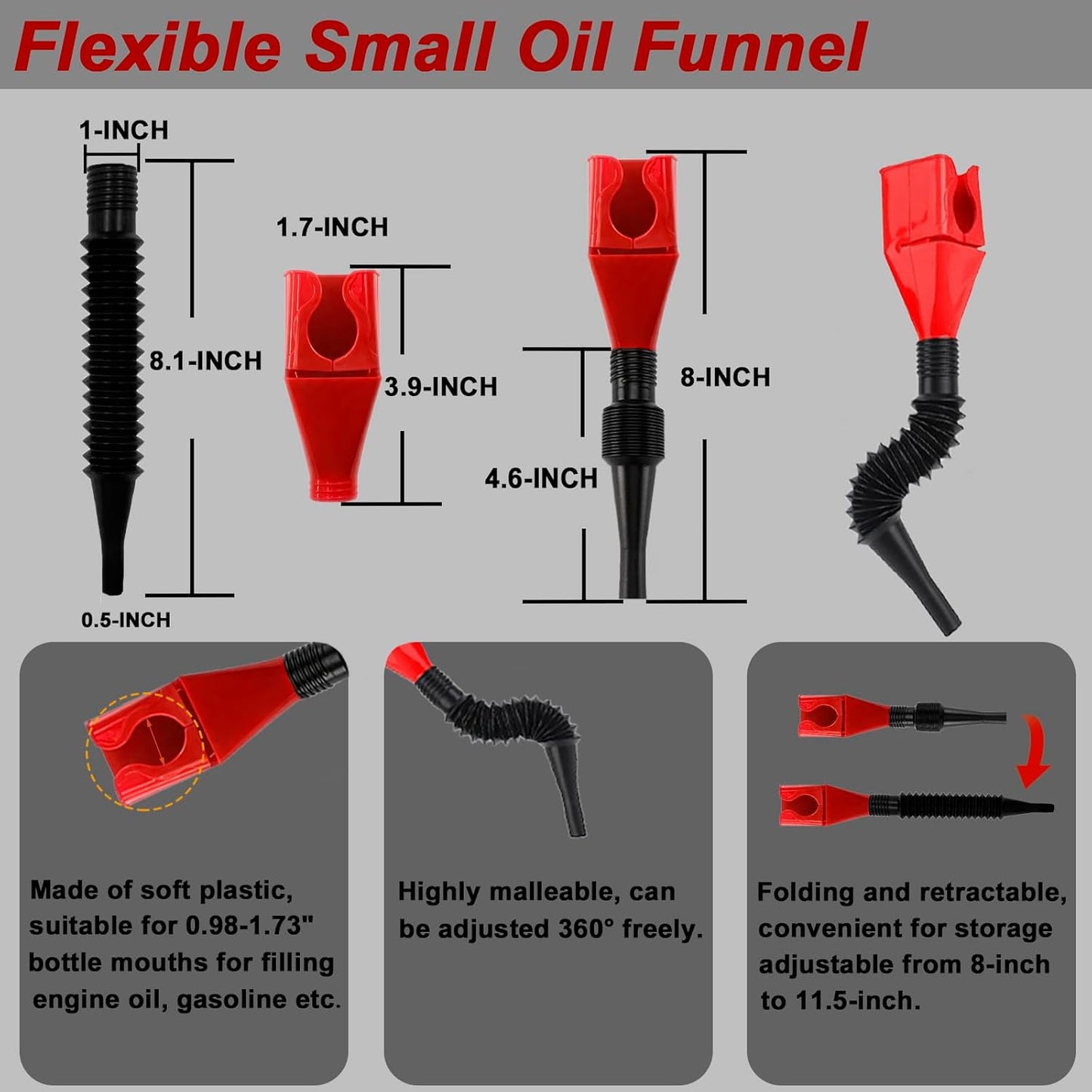4Pcs Oil Filter Pliers Set, 3 Jaw oil filter Wrench with Flexible Plastic Funnel For Automotive Oil Change, Adjustable Oil Filter Removal Tool From 1-3/4" to 6" (Black)