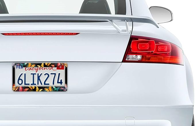 2PCS Beautiful Butterfly Pattern License Plate Frames for Men Women - Universal Aluminum Stainless Steel Personalized Car Tag Covers Holder with Screws, Caps, Rattle Proof Pads and Handlebar Stickers