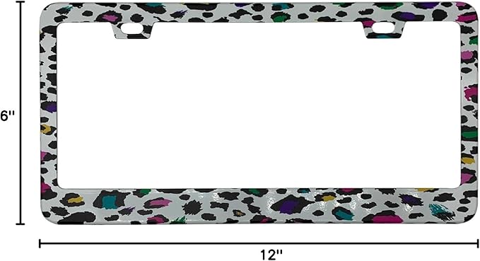 Colorful Leopard Print Cheetah Spots License Plate Frame Cover, Matte White Powder Coated Stainless Steel, Animal Print Auto Car Tag Frame with 2 Holes & Free Screws