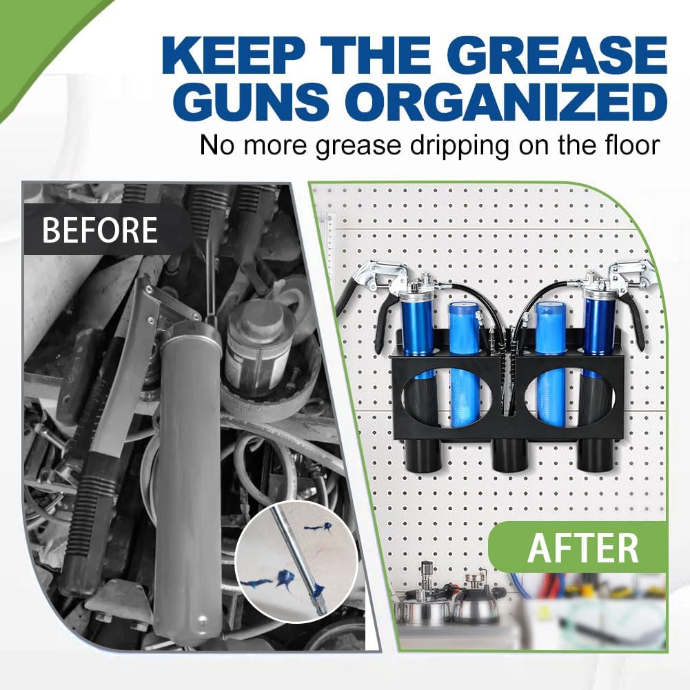 JDMON Grease Gun Holder Compatible with 2 Grease Guns, Grease Gun Rack Wall Mount Tractor, Grease Organizer, Grease Gun Storage with Removable Drip Cups & Spare Grease Tube Holder for Workshop, Garage