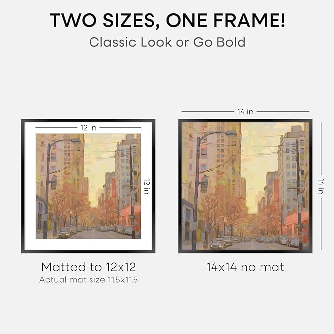 Homeforia 14x14 Picture Frame Black, High End Metal 14 x 14 Square Poster Frames with Mat 12 x 12 Photo, 14x14 Black Frame Matted to 12x12 Print, 14by14 Thin Frames, Tempered Glass, Wall Kit, Set of 2