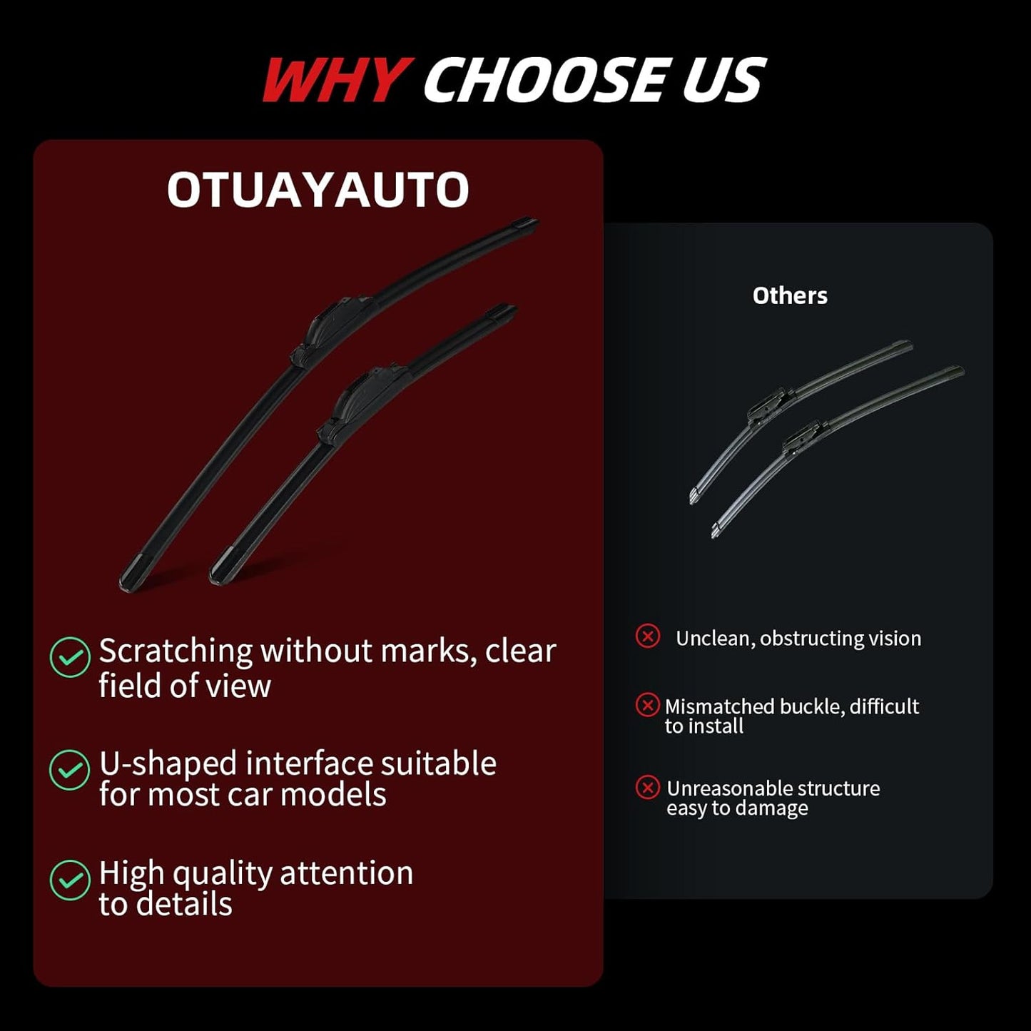 OTUAYAUTO Premium Windshield Wiper Blades - Replacement for Ford Edge 07-14, Lincoln MKX 07-15 - Precision Fit, All-Weather Performance, Front and Rear Wiper Blades, J/U Hook - 26"+20"+14" (Pack of 3)