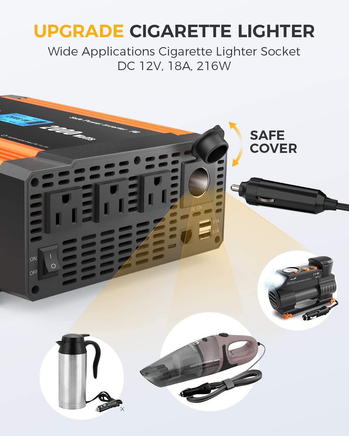 Ampeak 2000W Power Inverter 6.2A Dual USB Ports 3AC Outlets Stable Voltage Output Inverter DC 12V to AC 120V 17 Protections for Truck, Hurricane, Rv