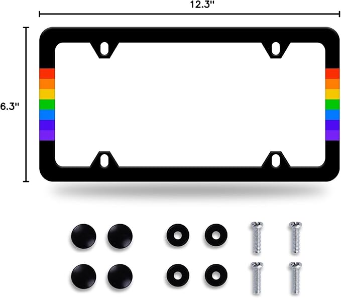 Rainbow Lines License Plate Frame LGBT Flag Gay Lesbian License Plate Stainless Steel Auto Parts Funny License Plate Decorative with Screws Size 12.3" x 6.3" for Women Men