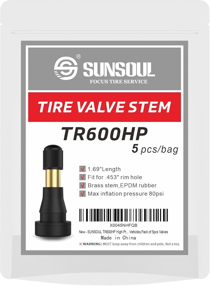 SUNSOUL TR600HP High Pressure Brass Stem EPDM Rubber Snap-in Tire Valves, Fit for 0.453 inch 11.5mm Rim Holes and for Most of Pick-up, Heavy-Duty Vehicles, Pack of 5pcs Valves