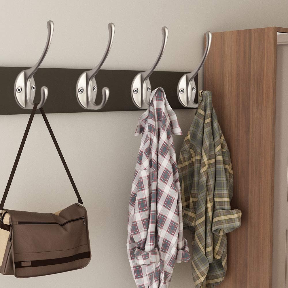 IBosins 10 Pack Heavy Duty Dual Coat Hooks Wall Mounted with 40 Screws Retro Double Hooks Utility Silvery Hooks for Coat, Scarf, Bag, Towel, Key, Cap, Cup, Hat (Silvery)