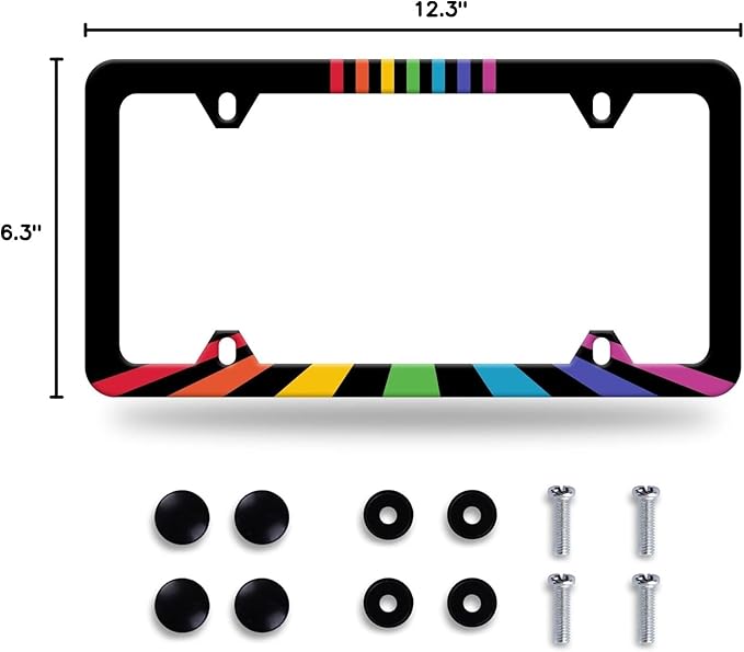Rainbow Lines License Plate Frame LGBT Flag Gay Lesbian License Plate Stainless Steel Auto Parts Funny License Plate Decorative with Screws Size 12.3" x 6.3" for Women Men