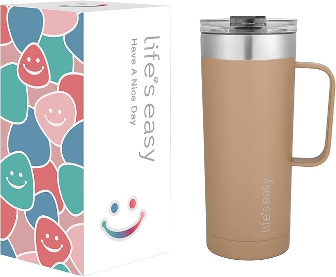 Life's Easy 20oz Stainless Steel Mug w/Handle - Double Wall Insulated Travel Tumbler w/Flip Lid - Leak Proof Tumbler-Thermal Cup for Coffee, Tea & More - Keep Hot & Cold Drinks (Brown, 20 oz)
