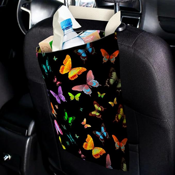 Car Trash Bag Hanging No Snap Small Garbage Bag for Car Back Seat Cute Printed One-handed Strap Trash Bags Car Accessories-Butterfly Car Trash Bags