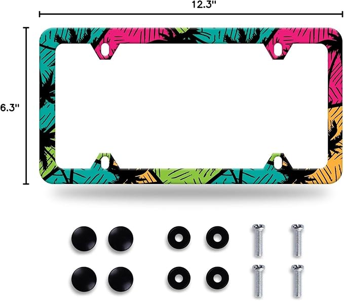 Tropical Palm Trees License Plate Frame Colorful License Plate Stainless Steel Auto Parts Funny License Plate Decorative with Screws Size 12.3" x 6.3" for Men Women