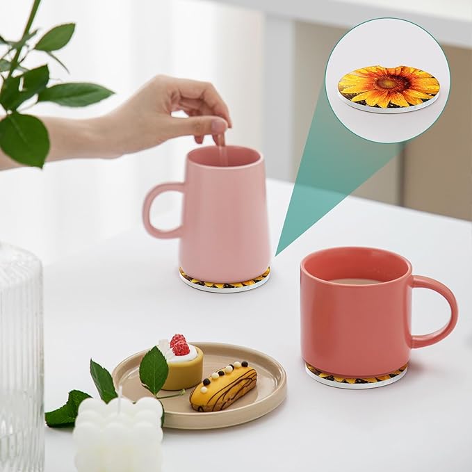 2 Pack Car Cup Holder Coasters - Sunflower Raindrops Absorbent Ceramic Coaster, Car Coasters for Cup Holders, Car Interior Accessories for Women Men