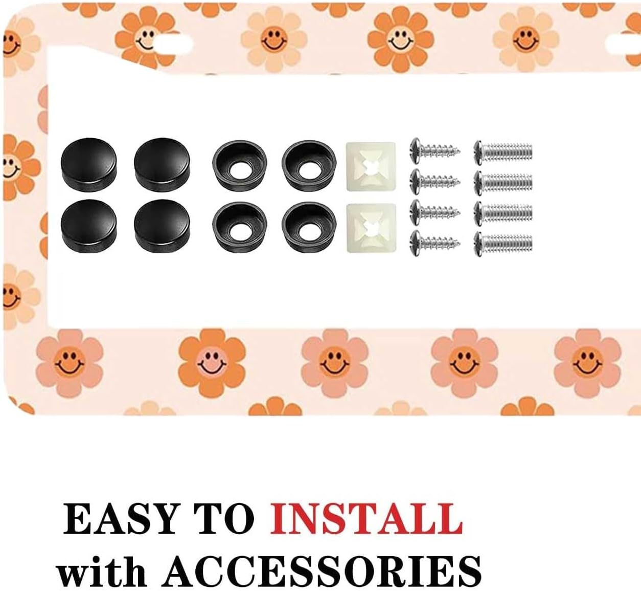 2 Pack Universal Smiley Face Flower License Plate Frame-Rustproof Aluminum Floral License Plate Frames for Women Men Fits All Vehicles, with Anti-Theft Screw Caps Included