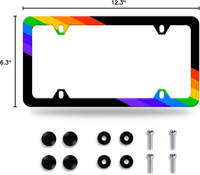 Rainbow Lines License Plate Frame LGBT Flag Gay Lesbian License Plate Stainless Steel Auto Parts Funny License Plate Decorative with Screws Size 12.3" x 6.3" for Women Men