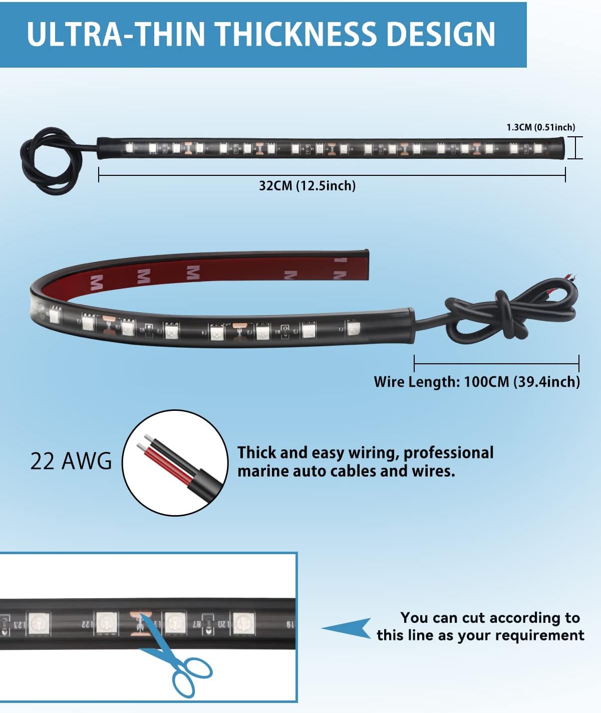 Keiurot 12V Led Light Strip 32CM Waterproof LEDs Light Strips for Cars Motorcycles Golf Cart Interior & Exterior Marine Boat Red Led Strip Lights 5050 18SMD,Pack of 4