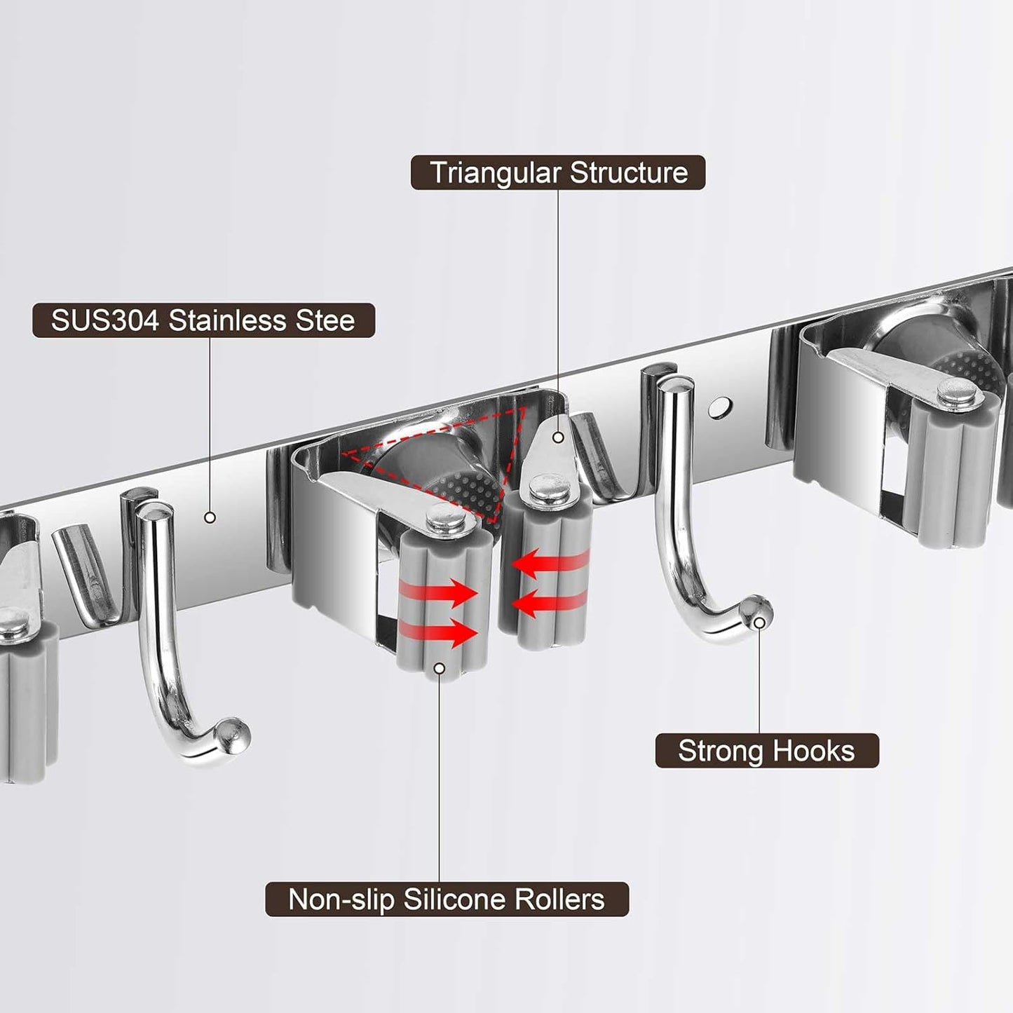 Broom Holder Wall Mount, Stainless Steel Broom Hanger Wall Mount, Heavy Duty Mop and Broom Holder Tool Racks Utility Hooks for Laundry Room Garden Garage, Grey (5 Racks and 4 Hooks)