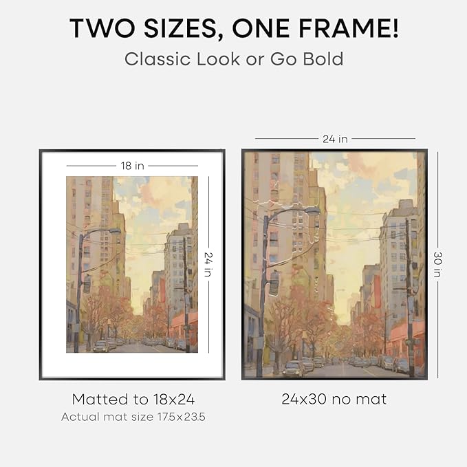 Homeforia 24x30 Poster Frame Black, High End Metal 24 x 30 Picture Frames with Mat 18 by 24 inches Photo, 24x30 Black Frame Matted to 18x24 Print, 30x24 Large Frame, Tempered Glass, Wall Kit, Set of 3
