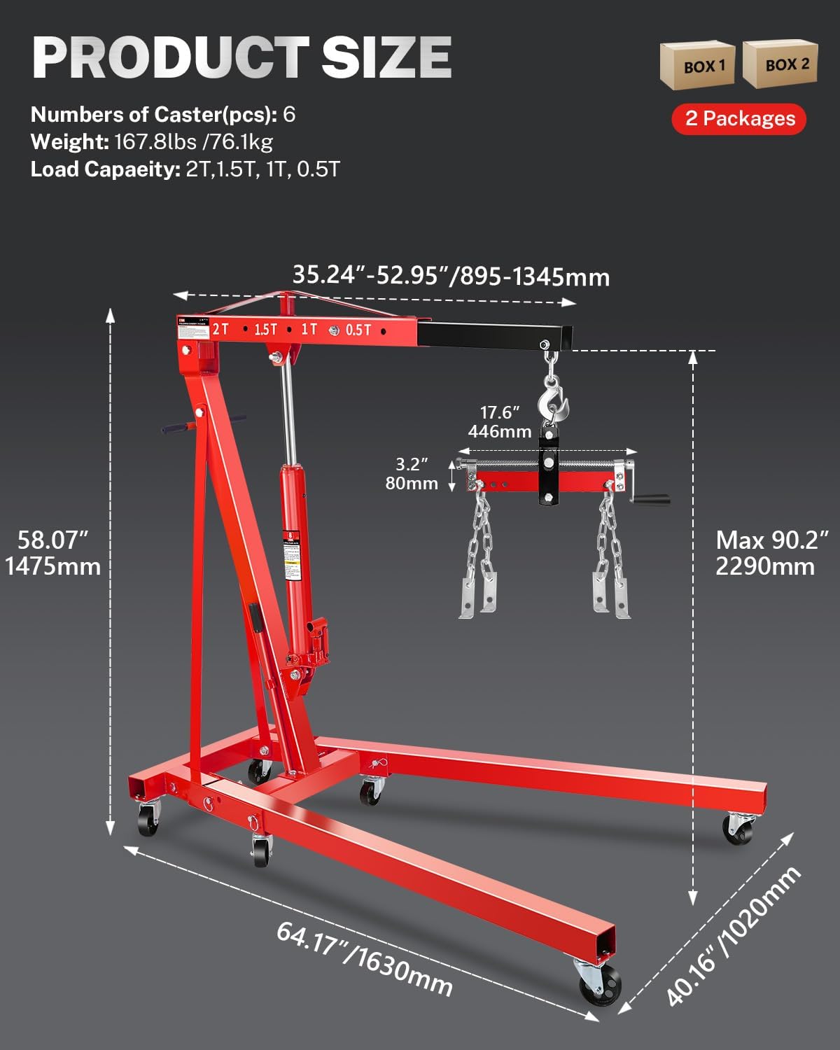 2-Ton Folding Engine Hoist with Lever, Hydraulic Shop Crane with 6 Swivel Wheels & Adjustable Boom (0.5T-2T), Heavy-Duty Cherry Picker for Garage, Workshop, Truck, Farm (Net Wt. 168 lbs)