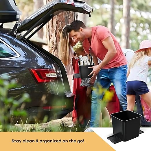 Car Trash Can 2L with Stability Wings & Velcro for Extra Stability ??Magic Strip & Clip for Fabric & Rubber Mats ??Durable Plastic, Easy Pull Trash Bags Included ??Black