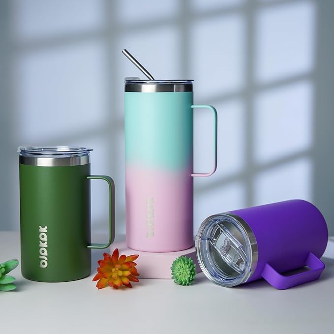 BJPKPK Insulated Coffee Mug with 2 Lids, 25oz Stainless Steel Insulated Tumbler with Handle, Double Wall Vacuum Coffee Cups, BPA Free Travel Mug for Coffee, Tea and Drinks, Forest Green