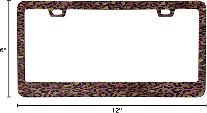 Pink Gold Leopard Pattern License Plate Frame Cover, Matte White Powder Coated Stainless Steel, Animal Print Auto Car Tag Frame with 2 Holes & Free Screws