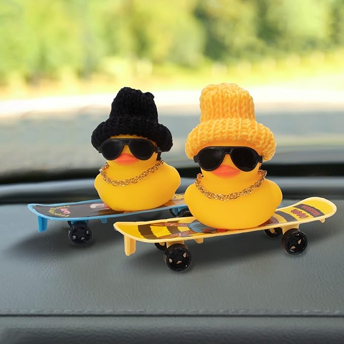 wonuu Car Duck Ornament Rubber Duck Car Dashboard Decoration for Car Dashboard Decoration Accessories with Mini Hat, Necklace, Sunglasses, Chair or Skateboard