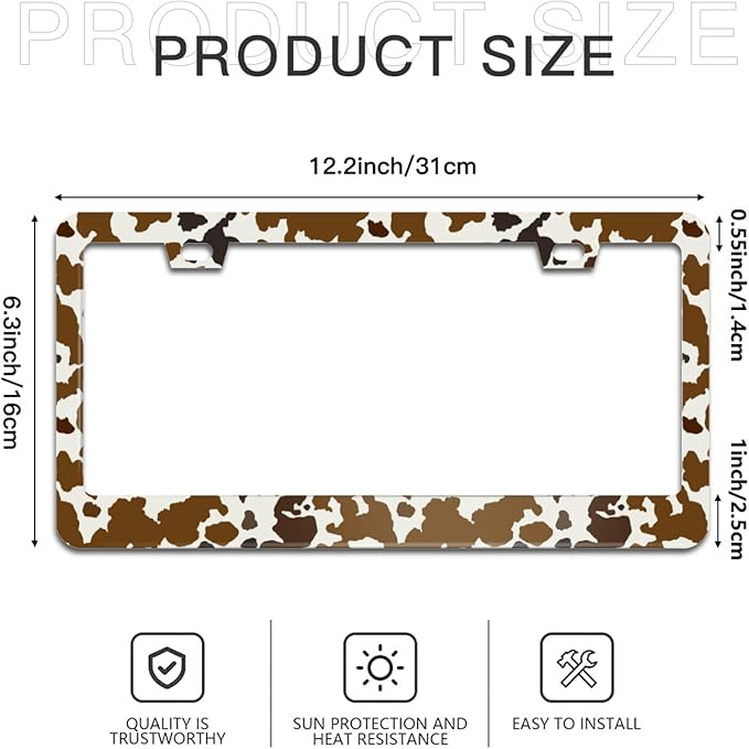 Brown Cow Print License Plate Frame Funny Animal Spots License Plate Frames Aluminum Car Accessories Cover with 2 Holes and Screws 12 x 6 Inch for Front Rear Car Plate Decor for Women Men