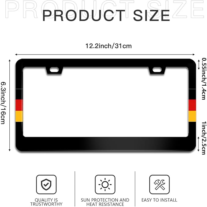 German Flag License Plate Frame Germany License Plate Frames Aluminum Car Accessories Cover with 2 Holes and Screws 12 x 6 Inch for Front Rear Car Plate Decor for Women Men