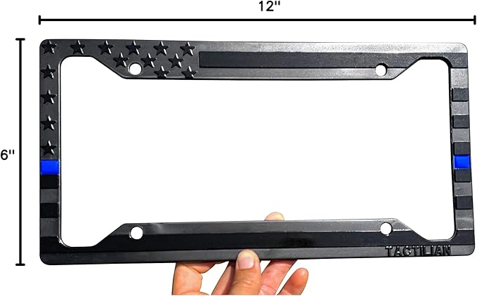 TACTILIAN American Flag License Plate Frame - Subdued 3D Embossed USA Flag in Black Gloss on Matte Finish for Car, Truck or SUV (Thin Blue Line)