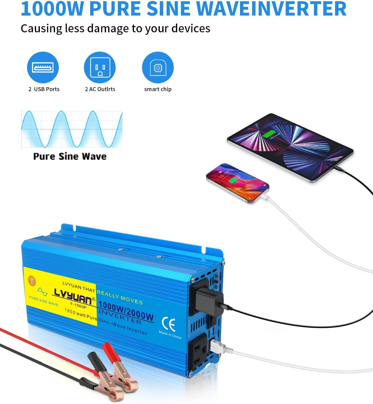 LVYUAN 1000 Watt Pure Sine Wave Inverter 12V to 110V 120V DC to AC with U.S. Outlet, USB Charger Ports, Car Power Inverter for Vehicles, RV, Outdoor, Home