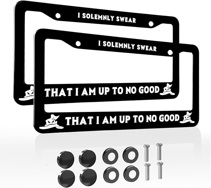 2pcs I Solemnly Swear That I Am Up to No Good License Plate Frame for Women, Funny car Decorative tag Frames Girly, License Plate Cover Holder for Most us Vehicle