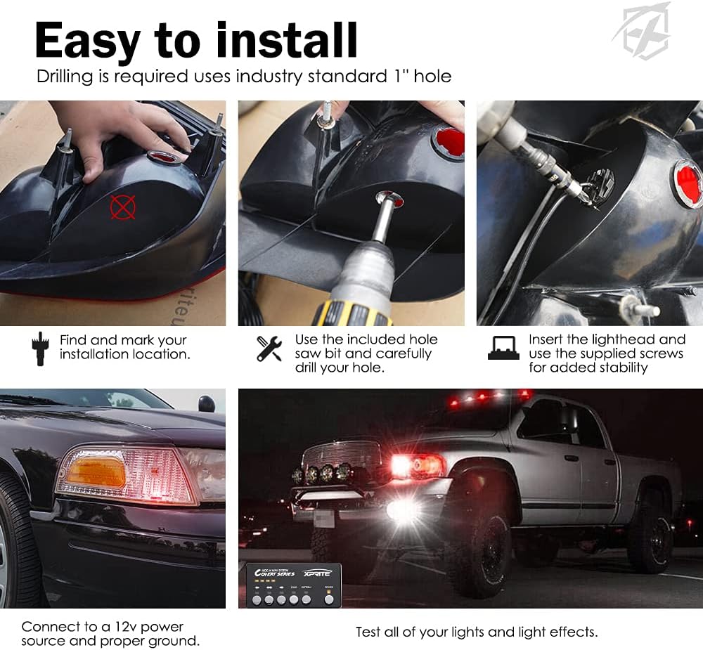 Xprite White Red LED Hideaway Strobe Lights Kit, 20 Flashing Patterns w/Control Panel Headlights Taillights Fog Light Interior Mounting, for Emergency Vehicles Firefighter Cars Trucks SUV 8PCS