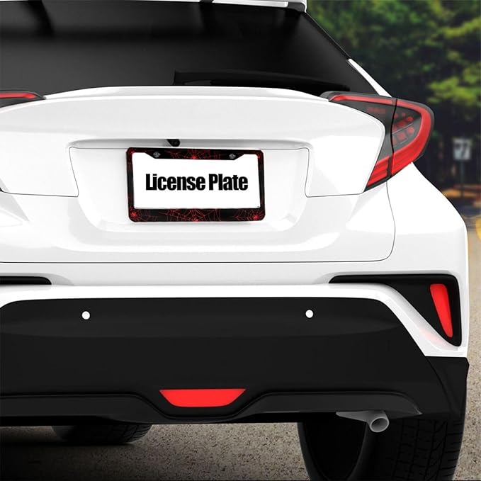 Red Spider Web License Plate Frame - 1 Pack Novelty Black Cobweb License Plate Holder,Aluminum Metal Car Tag Cover with 2 Holes and Screws,Customized Decorative for US Vehicle Standard for Women Men