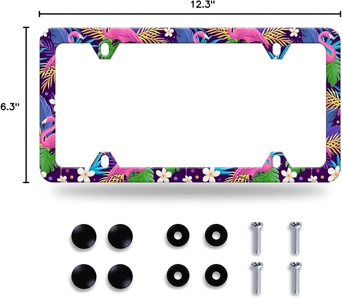 Flamingo Flower Palm Trees License Plate Frame Stainless Steel Auto Parts Colorful Tropical License Plate Decorative with Screws Size 12.3" x 6.3"