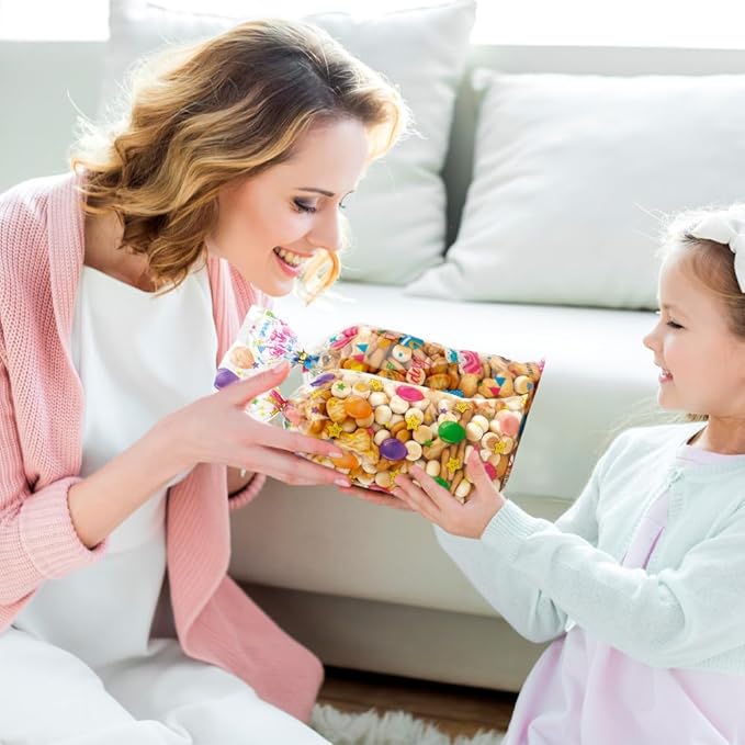 100 PCS Happy Birthday Cellophane Treat Bags(5.1x10.6 Inch) with Ties Colorful Plastic Goodie Candy Cookie Goody Loot Gifts Bags Bulk Pouches for Birthday Party Favors Supplies Decorations for Kids