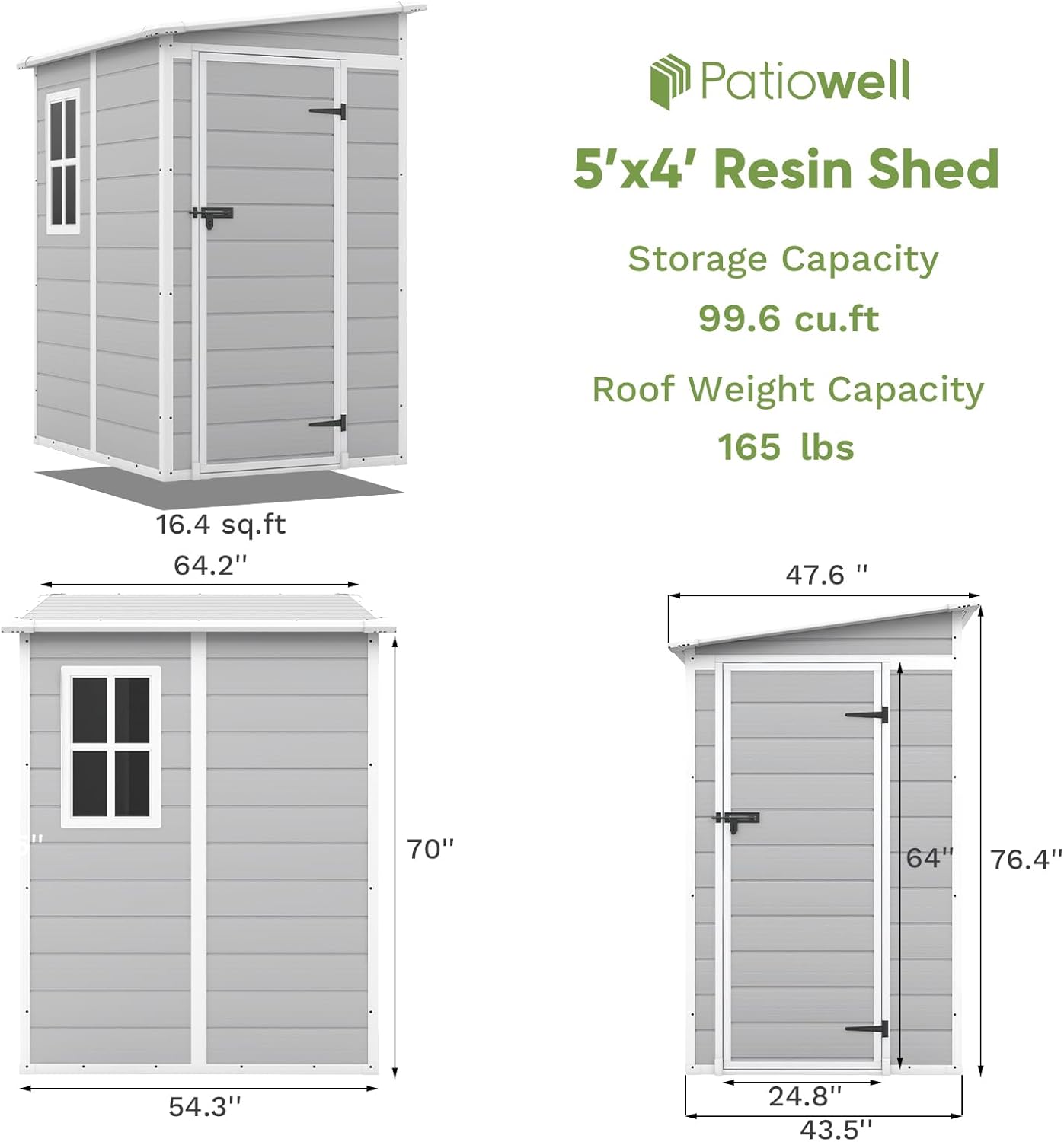 Patiowell 5x4 FT Outdoor Storage Shed, Resin Storage Shed with Floor & Lockable & Window Door for Patio Furniture, Garden Tools and Bicycle, White & Grey