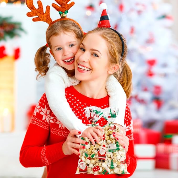 100 PCS Christmas Cellophane Treat Bags(5.1x10.6 Inch) with Ties Plastic Santa Goodie Candy Cookie Loot Gifts Bags Bulk Pouches for Christmas Party Favors Supplies Decorations Holiday Xmas Decor